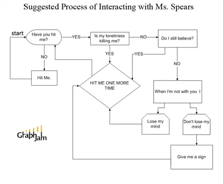 A flowchart beginning at a start arrow and a rounded box asking whether the subject has been hit. A no branch leads to a box instructing that she be hit; a yes branch leads through further decisions about loneliness and belief to a central diamond restating the song's title line. Two outcome boxes about losing or not losing one's mind feed into a final box asking for a sign, which loops back to the start.